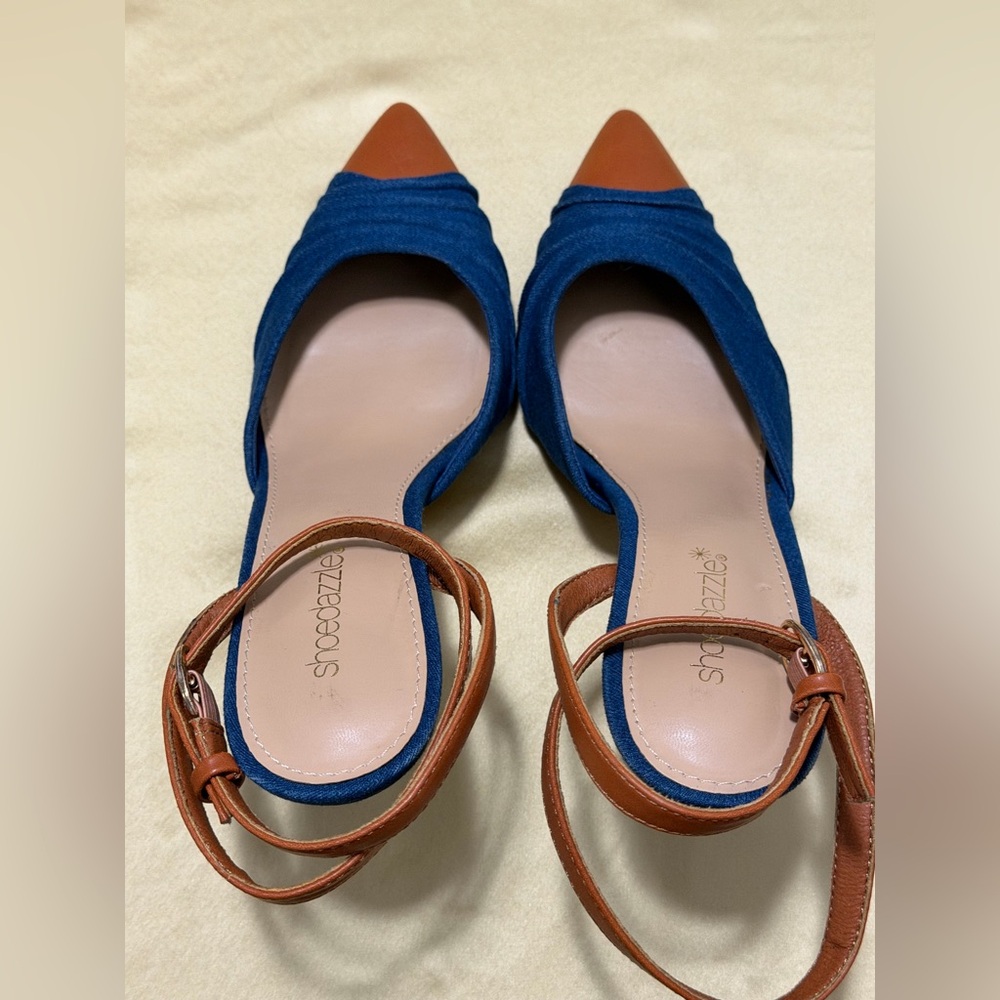 ShoeDazzle Brionna Denim Pointed Toe With Cap Ankle Strap Stiletto Heels Size 10 - Picture 4 of 9